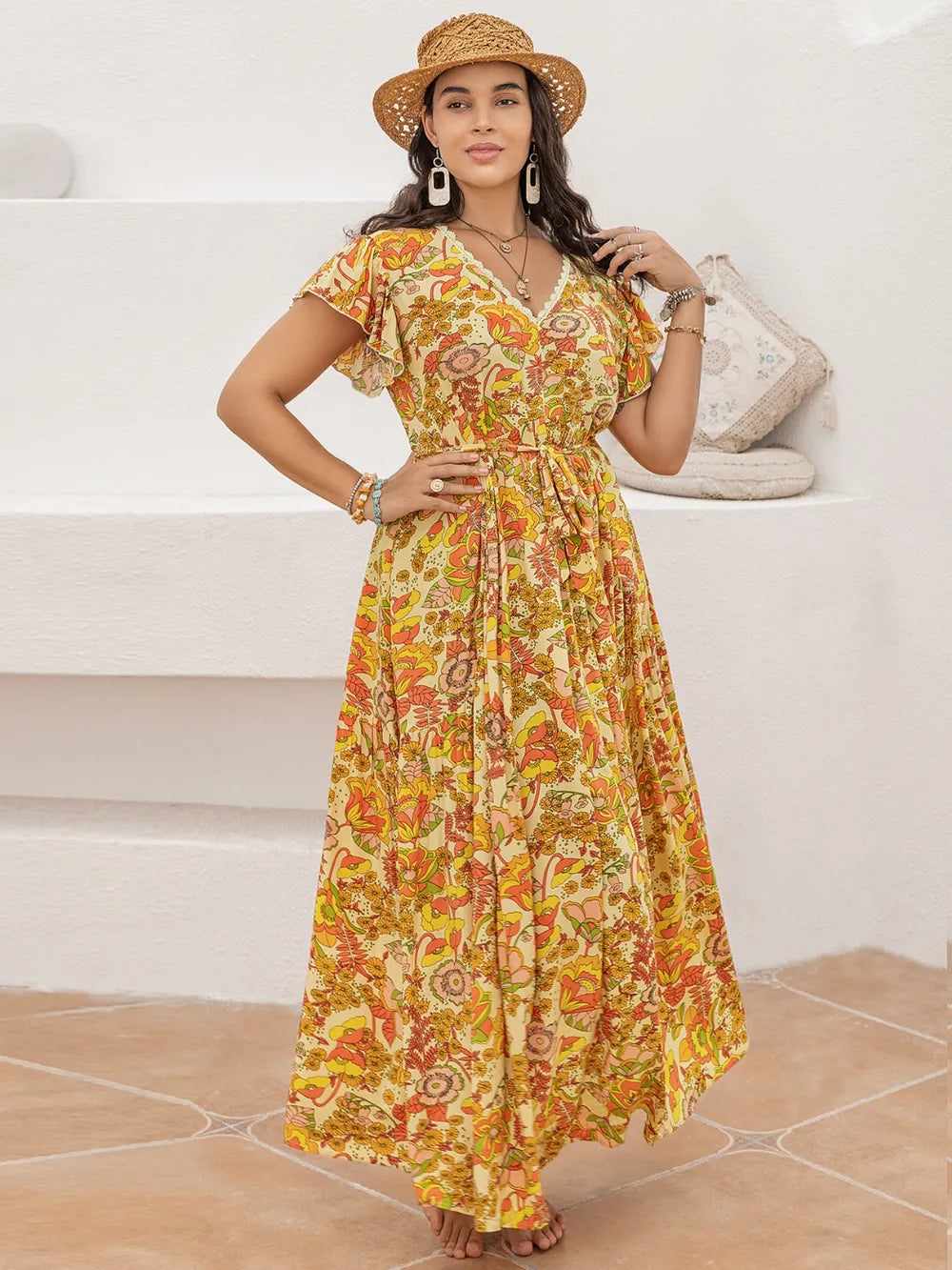 Printed V-Neck Flutter Sleeve Tie Waist Maxi Dress - alternate view 5