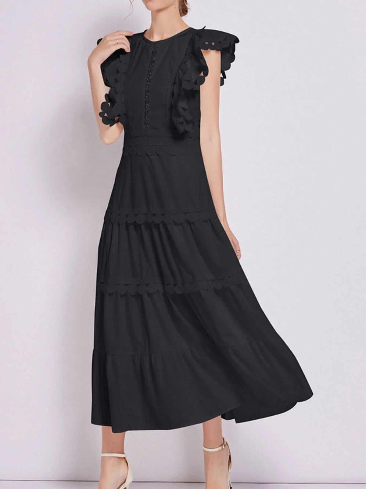 Sleeveless Ruffled Tiered Dress with Embroidered Trim - alternate view 12