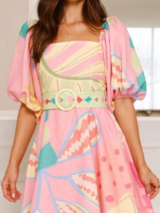 Printed Square Neck Puff Sleeve Dress - alternate view 2
