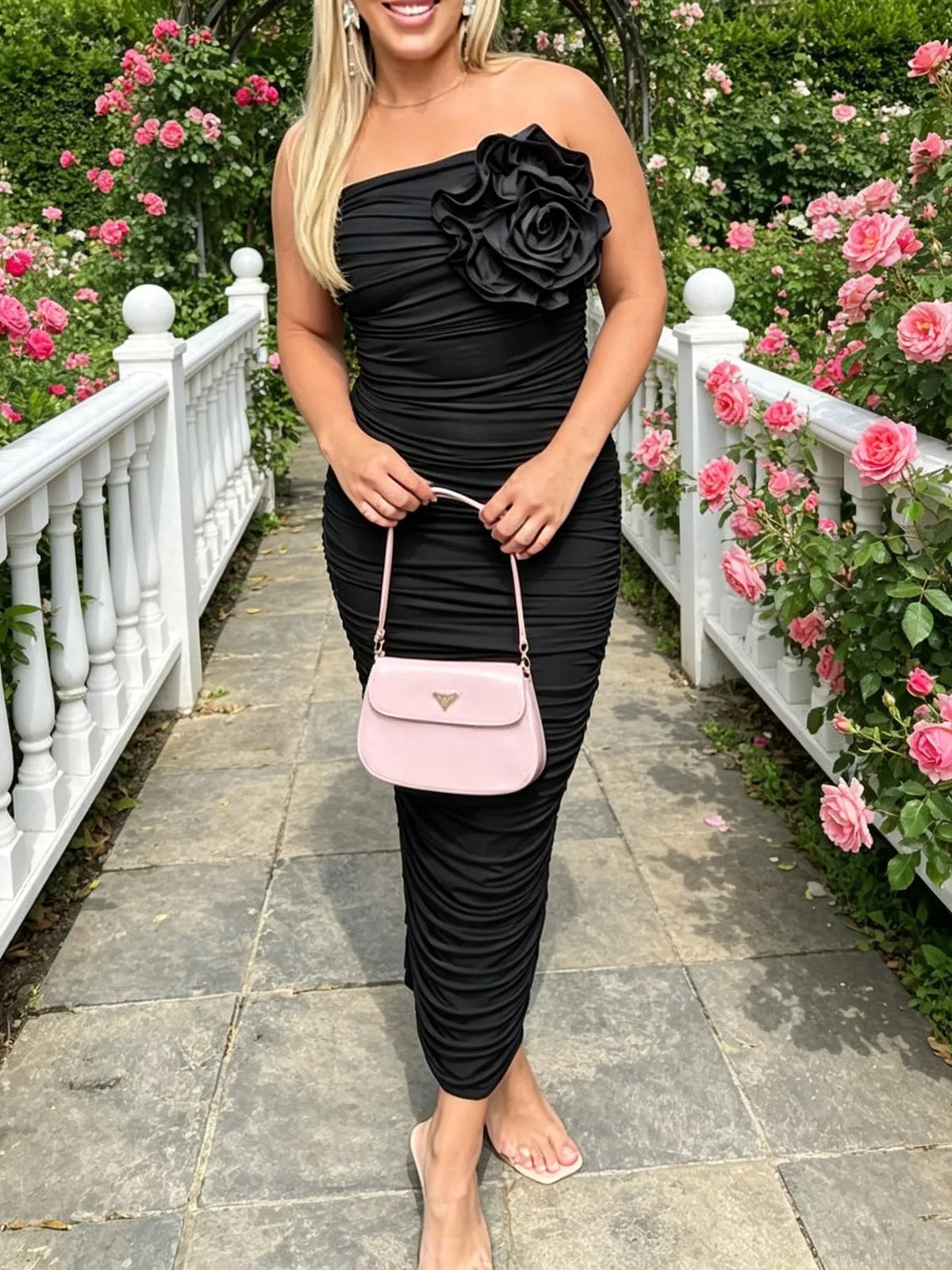 Flower Ruched Tube Bodycon Midi Dress - alternate view 6