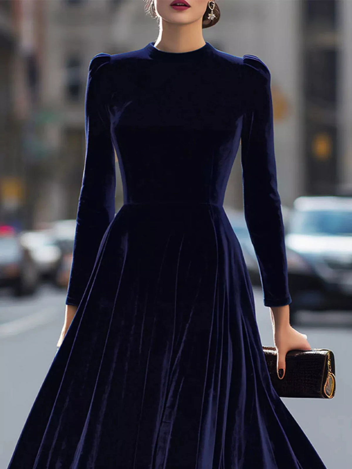 Velvet Long Sleeve A-Line Dress - alternate view 2