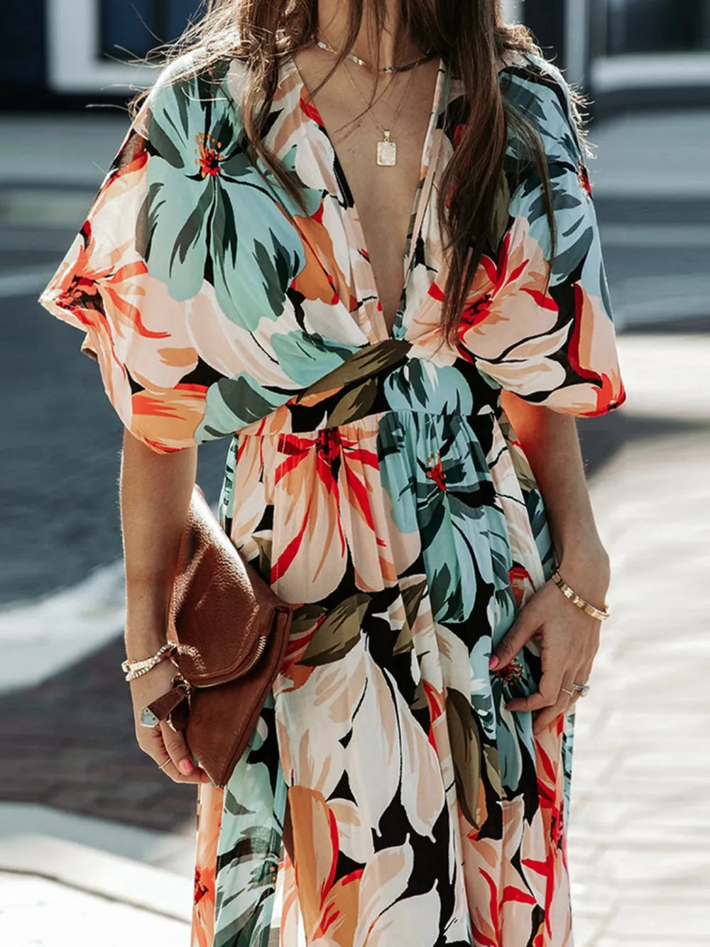 Floral Plunge Half Sleeve Dress - alternate view 4