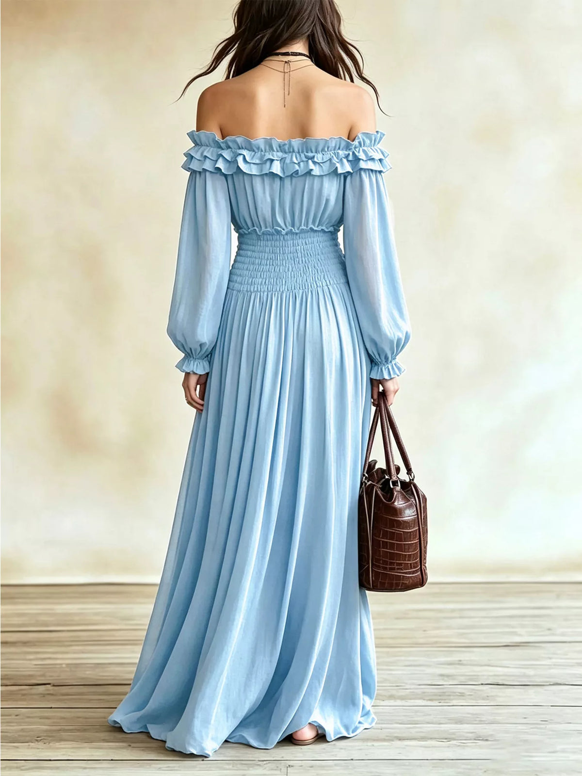 Full Size Off-Shoulder Ruffled Smocked Waist Maxi Dress with Pockets Plus Size - alternate view 13