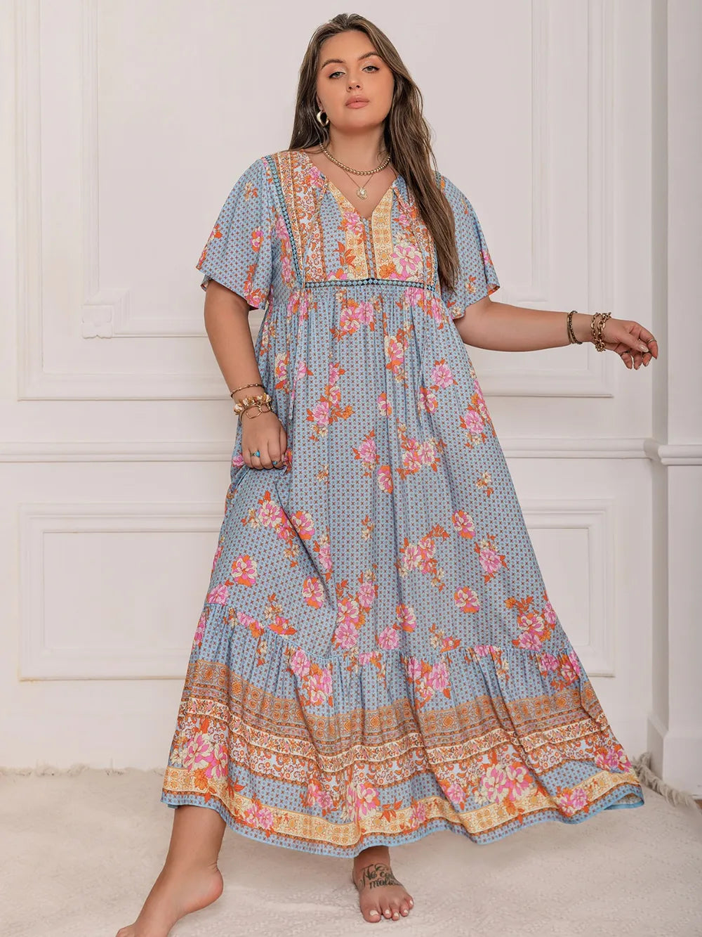 Printed Tie Neck Flutter Sleeve Maxi Dress - alternate view 7