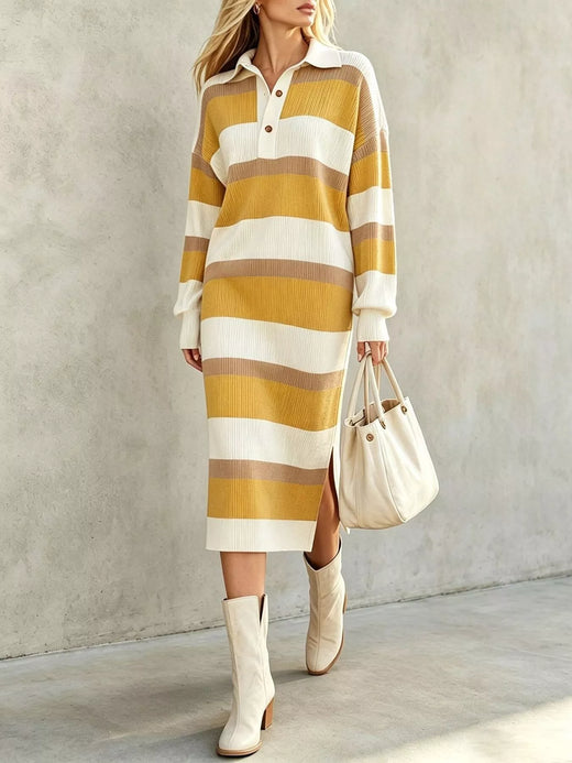 Striped Polo Collar Long Sleeve Sweater Dress - alternate view 4