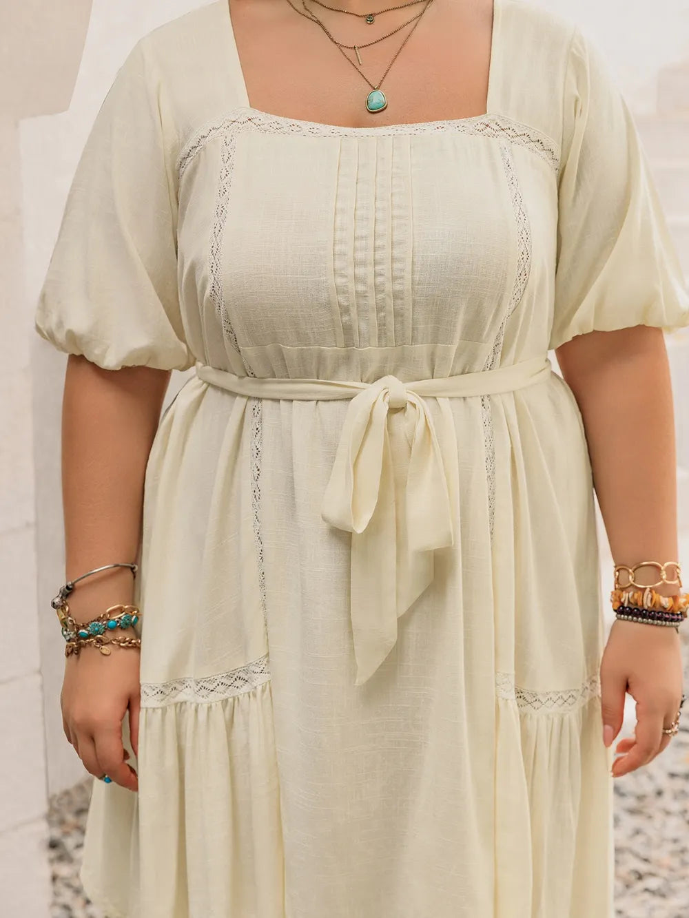 Plus Size Lace Detail Square Neck Puff Sleeve Mini Dress - alternate view 4