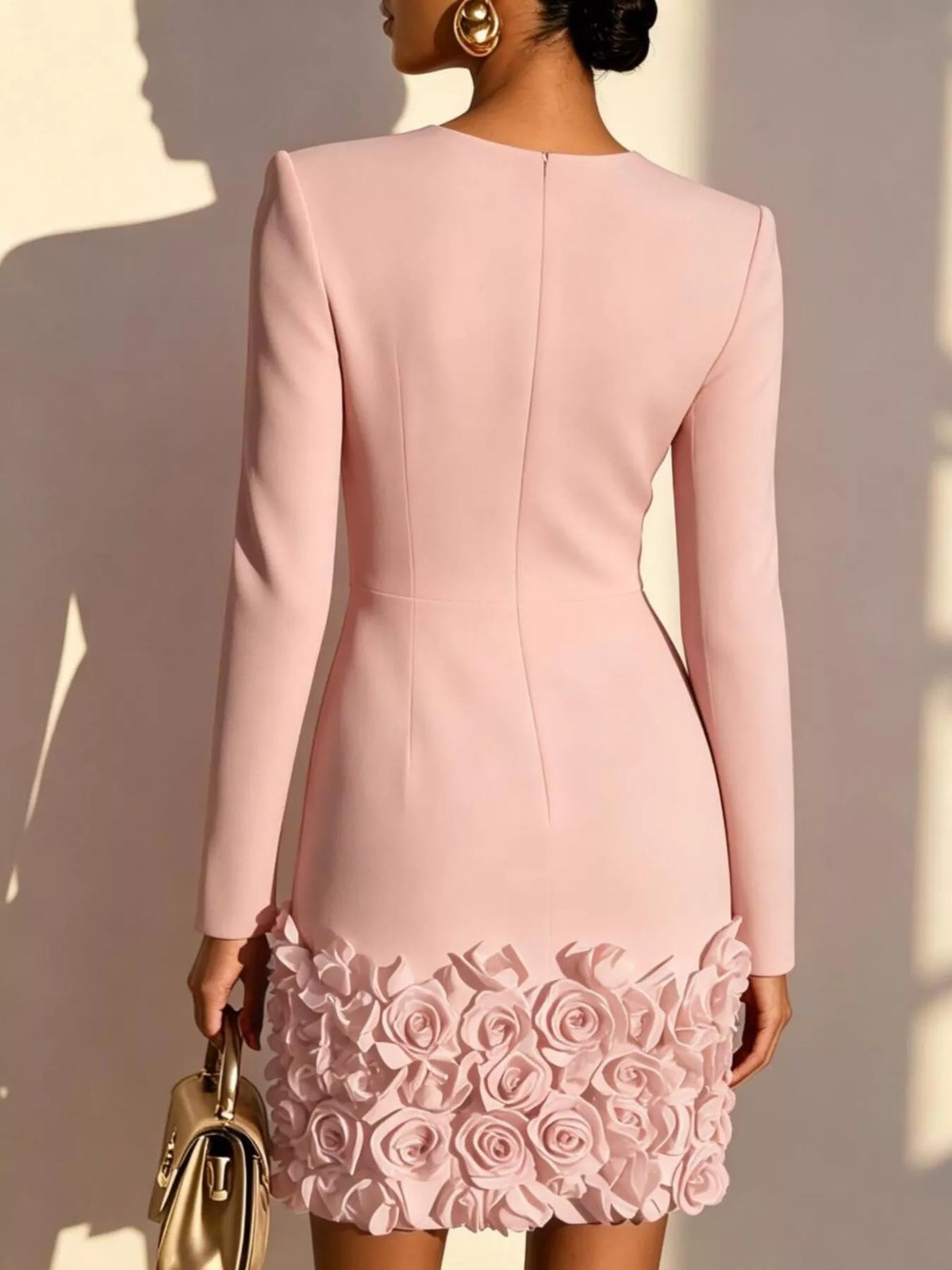 V-Neck Long Sleeve Mini Dress with 3D Rose Floral Hem - alternate view 3