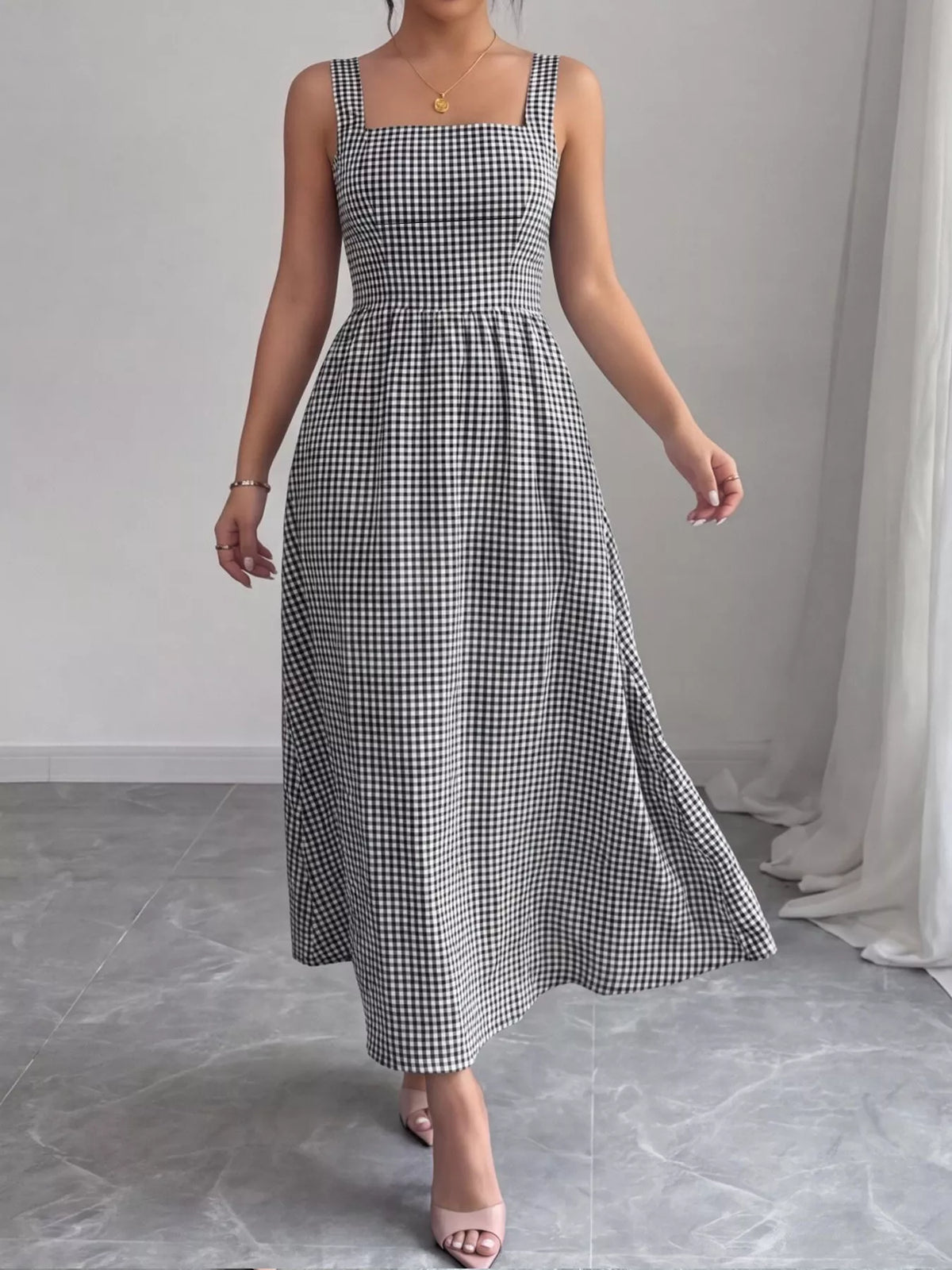 Square Neck Gingham Midi Dress - alternate view 4