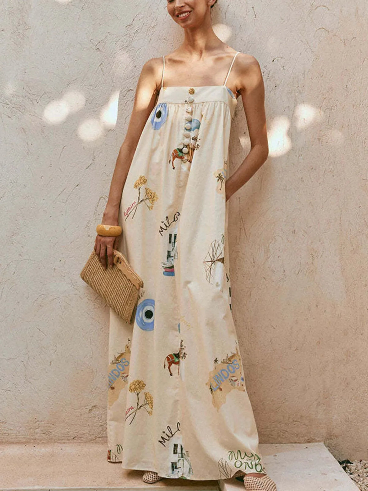 Bohemian Print Cami Maxi Dress with Pockets