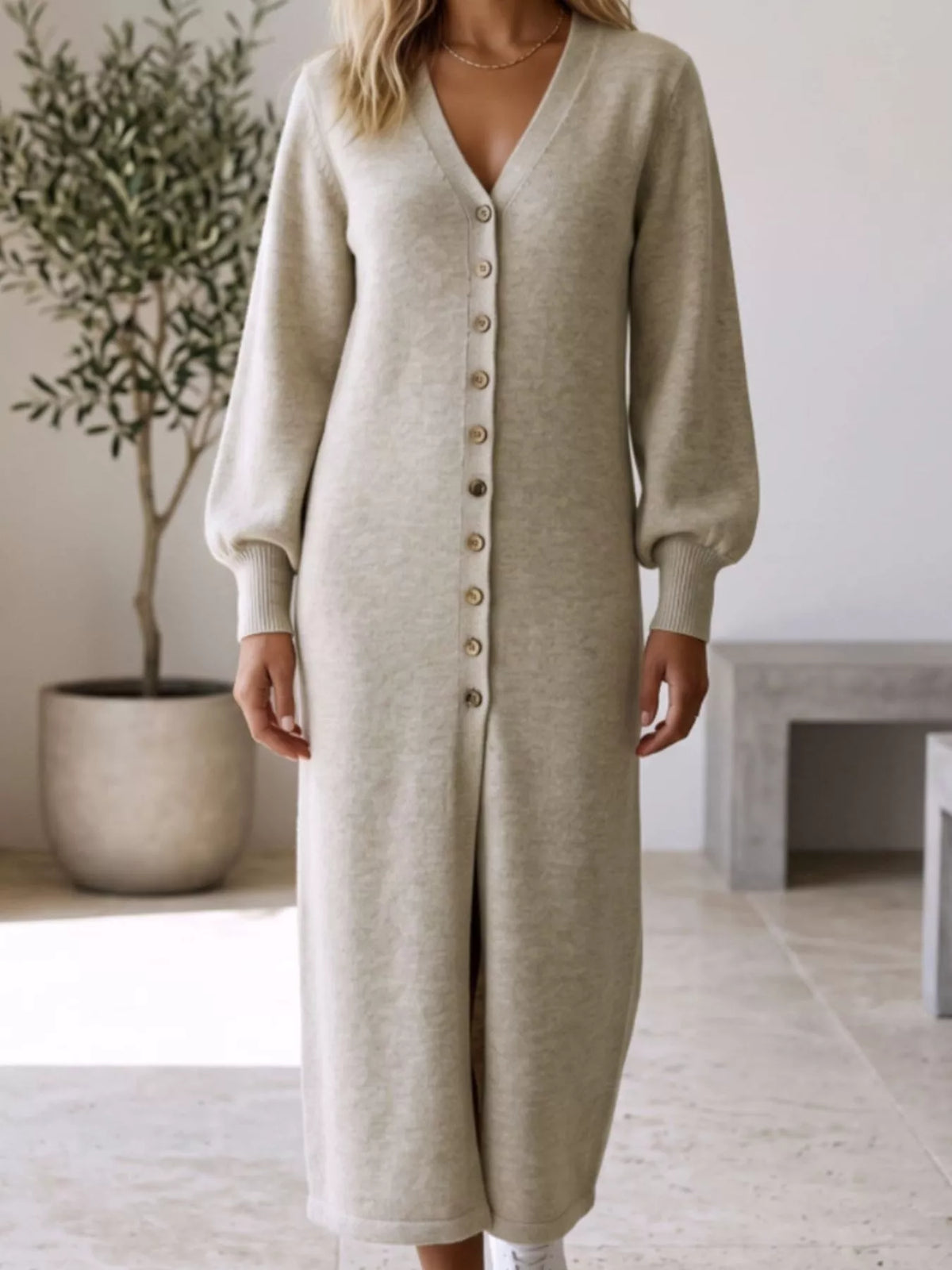 Button Front Long Sleeve Sweater Dress