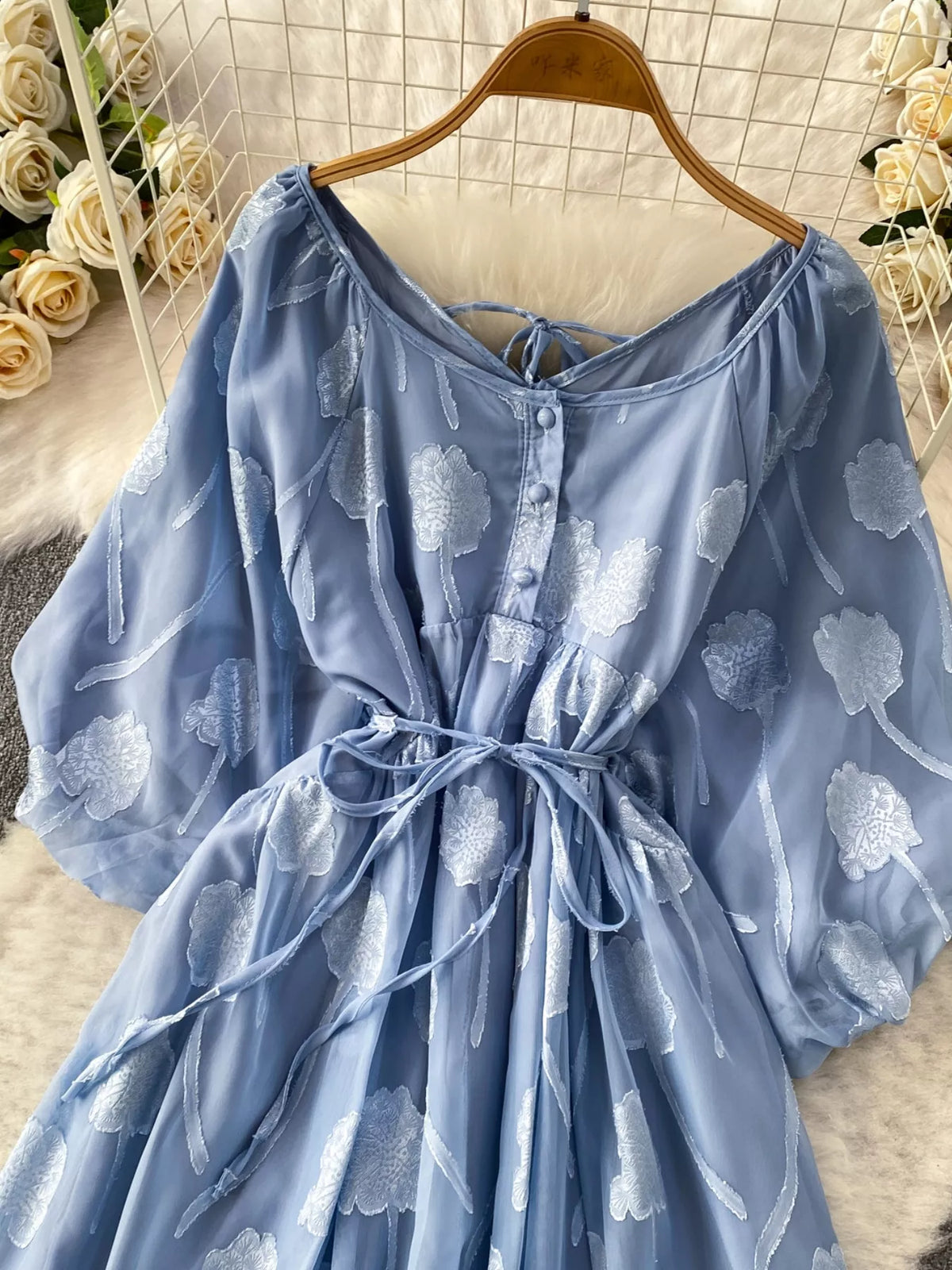 Button Front Puff Sleeve Chiffon Dress - alternate view 18