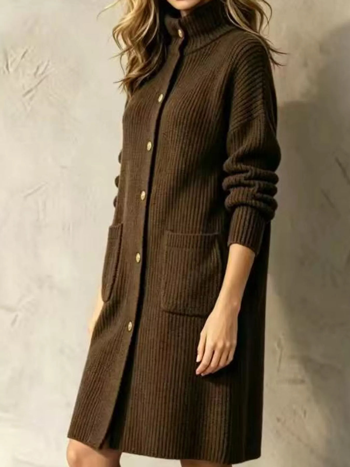 Ribbed Knit Turtleneck Button Up Longline Cardigan - alternate view 2