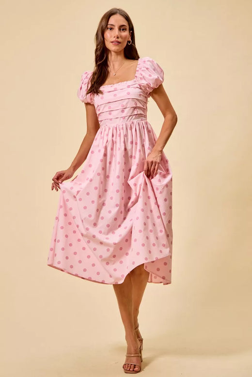 Polka Cotton Print Short Sleeves Midi Dress - alternate view 4