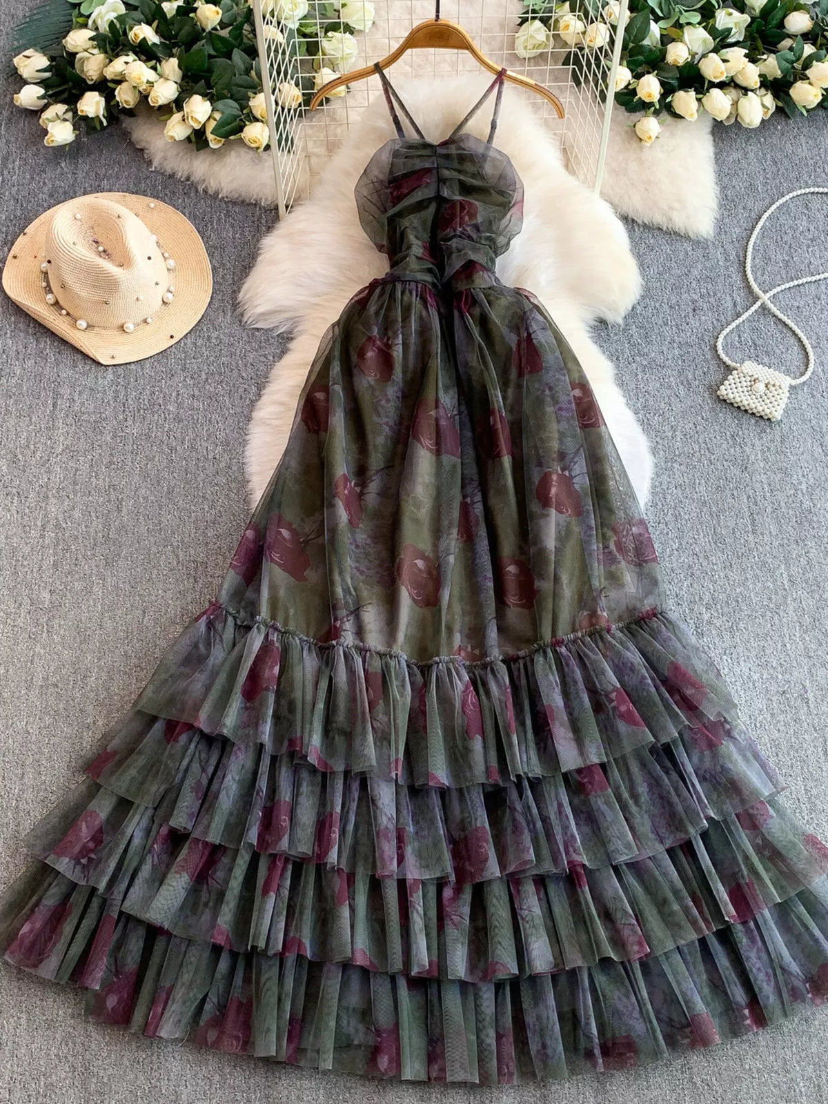 Floral Print Ruffled Layered Mesh Dress - alternate view 9