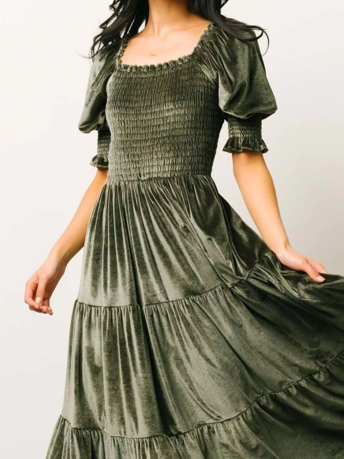 Velvet Smocked Tiered Midi Dress - alternate view 9