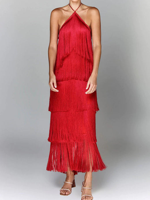 Fringe Halter Neck Sleeveless Maxi Dress - alternate view 3