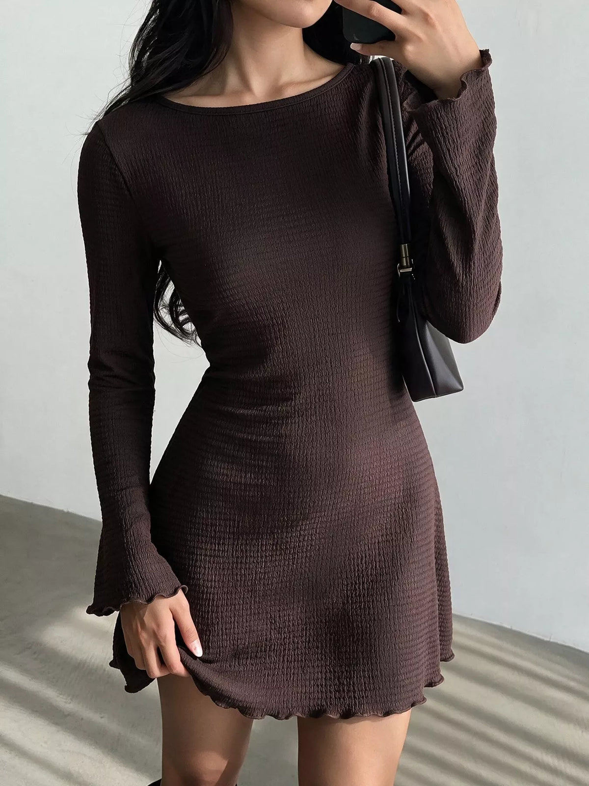 Long-Sleeve Waffle Knit Bodycon Mini Dress - alternate view 2