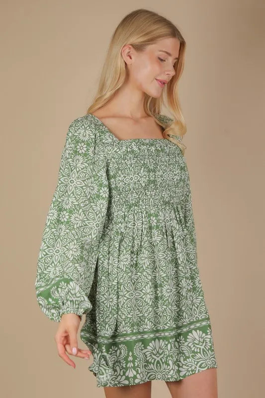 VERY J Printed Smocked Chest Boho Mini Dress - alternate view 3