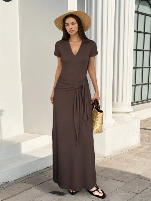 V-Neck Short Sleeve Maxi Dress with Waist-Tie Detail - alternate view 2