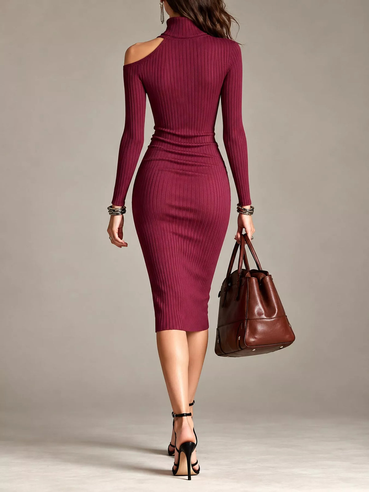 Cold-Shoulder Turtleneck Ribbed Knit Dress - alternate view 9