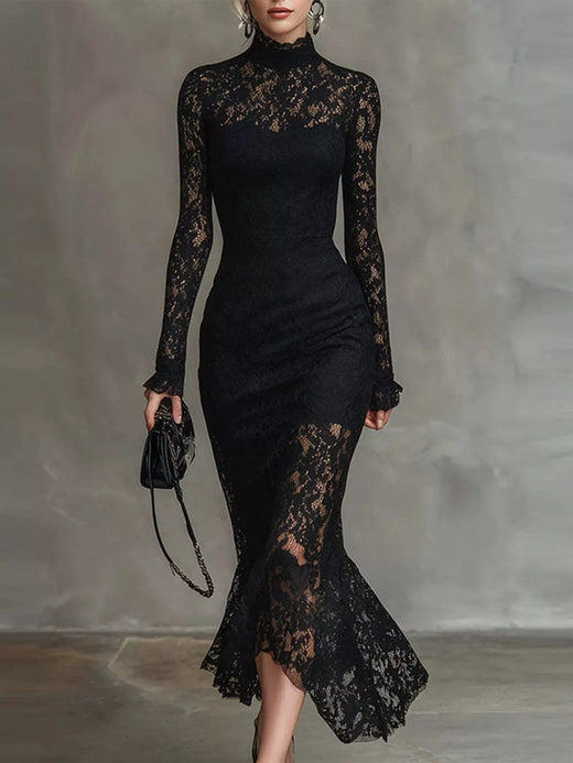 Elegant Lace Mock Neck Mermaid Midi Dress