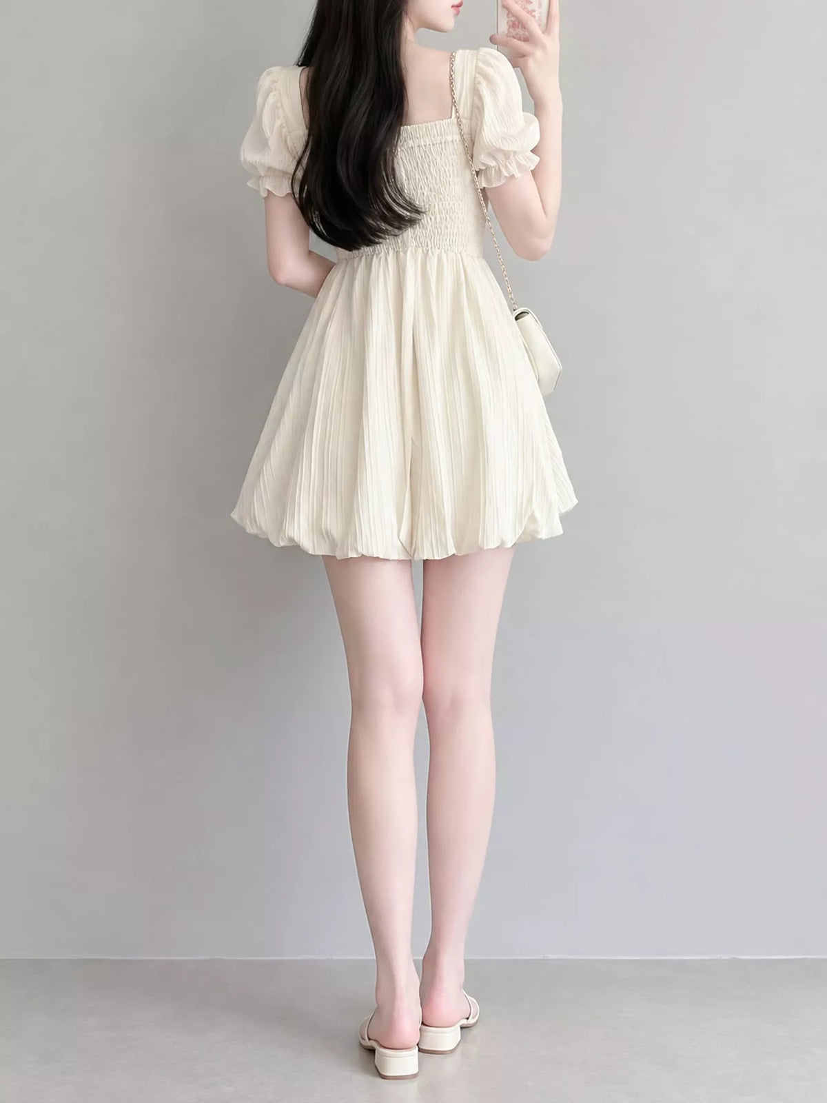 Puff-Sleeve Smocked Mini Dress with Tie-Front Detail - alternate view 3