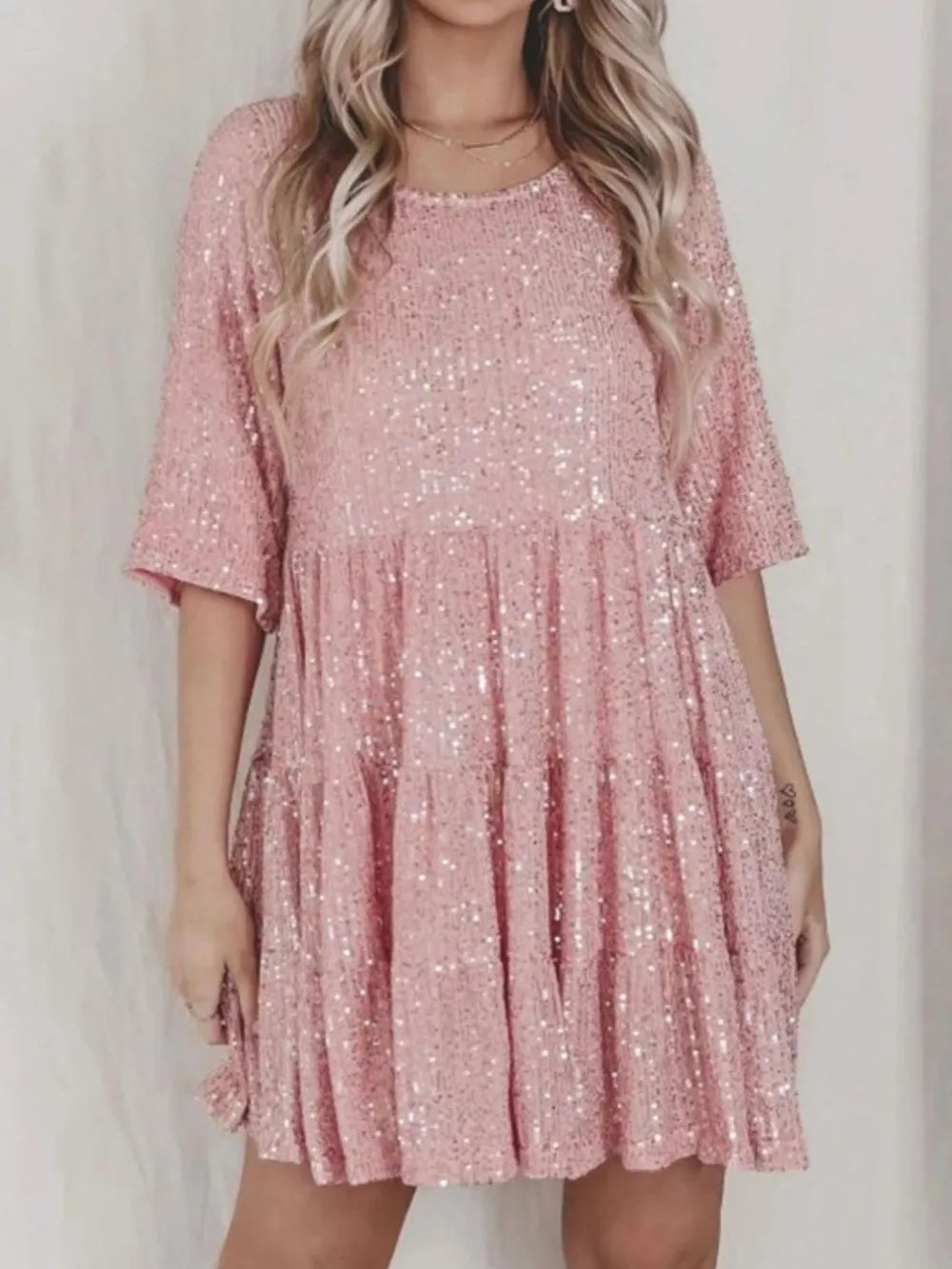 Sequin Round Neck Half Sleeve Mini Dress - alternate view 8