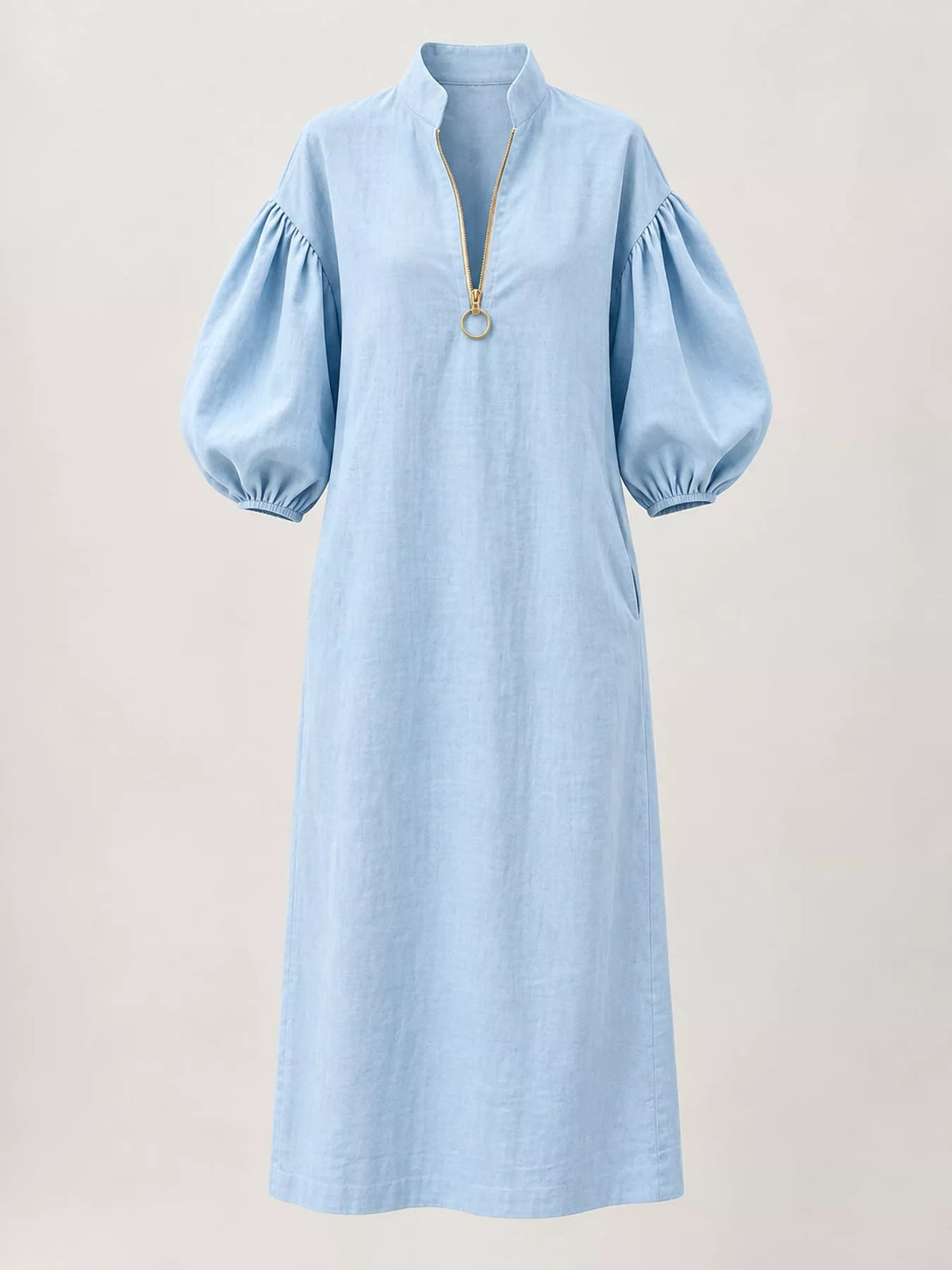 Half-Zip Puff Sleeve Midi Dress - alternate view 4