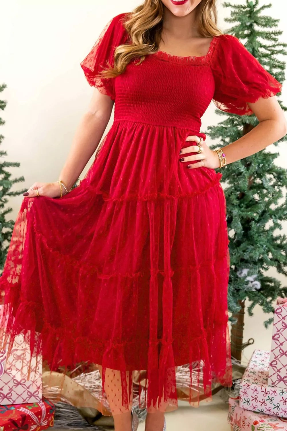 Swiss Dot Tulle Smocked Midi Dress - alternate view 3