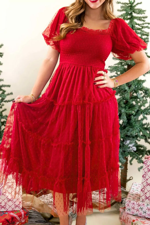 Swiss Dot Tulle Smocked Midi Dress - alternate view 3