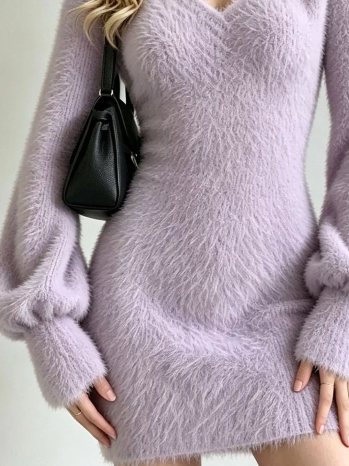 Fuzzy V-Neck Long Sleeve Mini Sweater Dress - alternate view 15