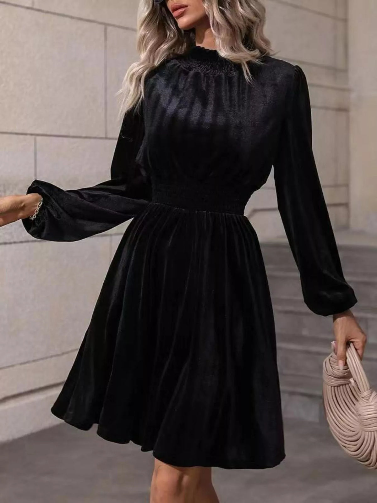 Velvet High Neck Long Sleeve A-Line Dress - alternate view 8