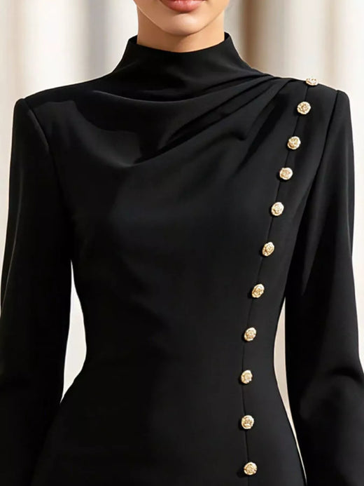Mock Neck Long-Sleeve Bodycon Dress with Gold-Tone Button Detailing - alternate view 5