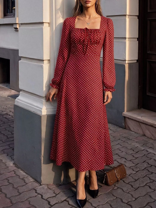 Square Neck Polka Dot Long Sleeve Maxi Dress - alternate view 5