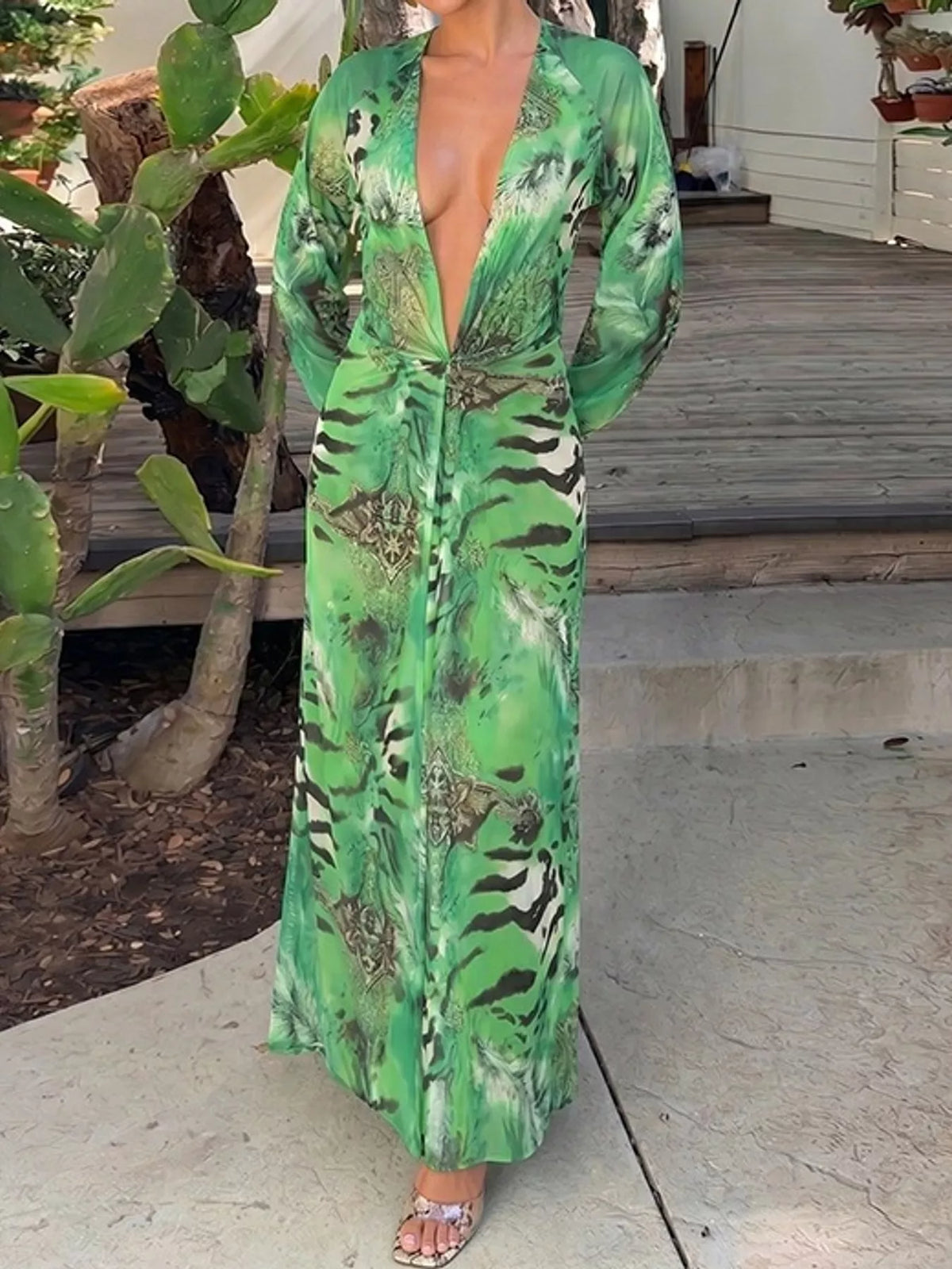 Deep V-Neck Long Sleeve Printed Maxi Dress - alternate view 2