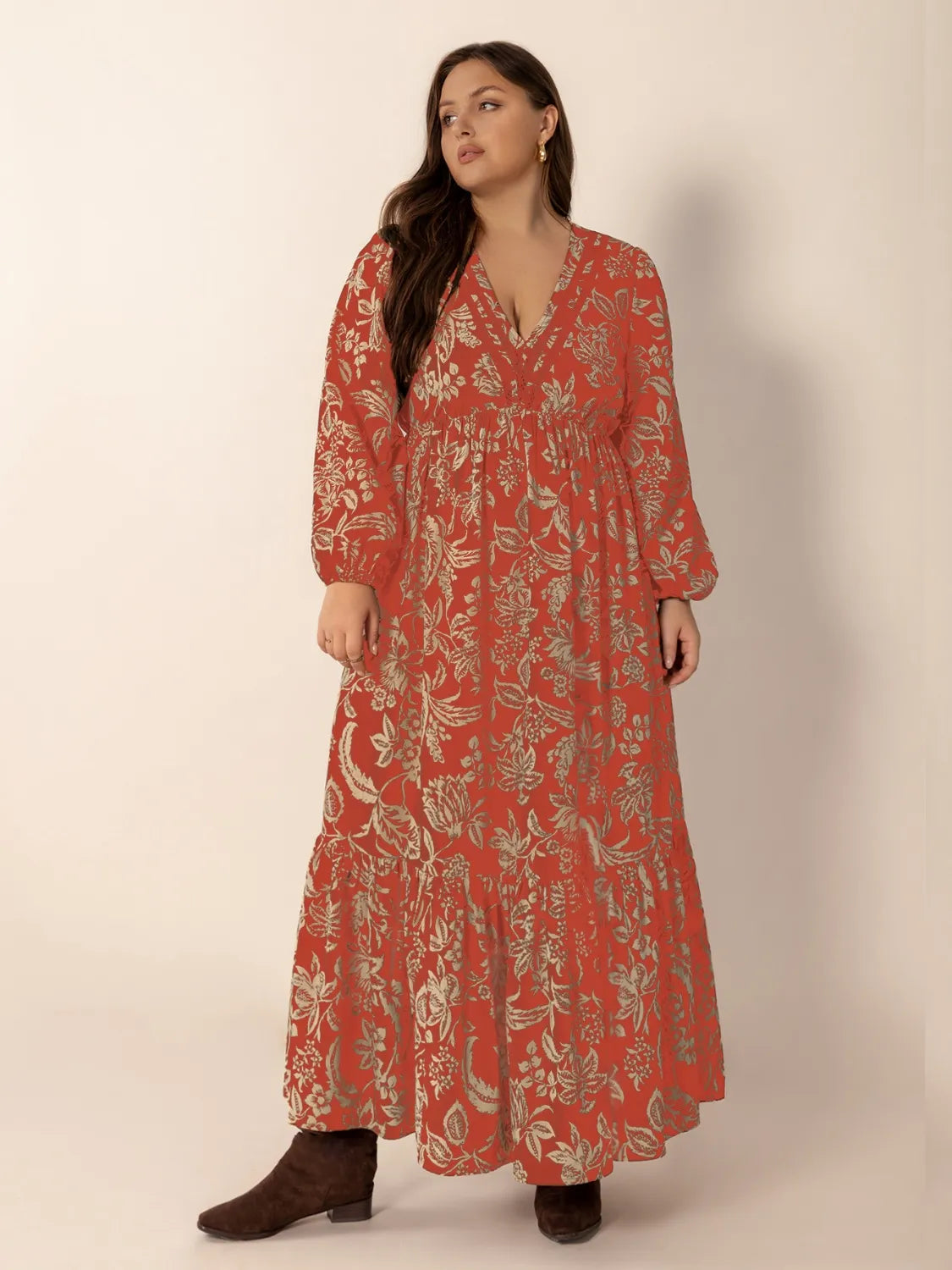 Lace Detail Printed Balloon Sleeve Midi Dress - alternate view 2
