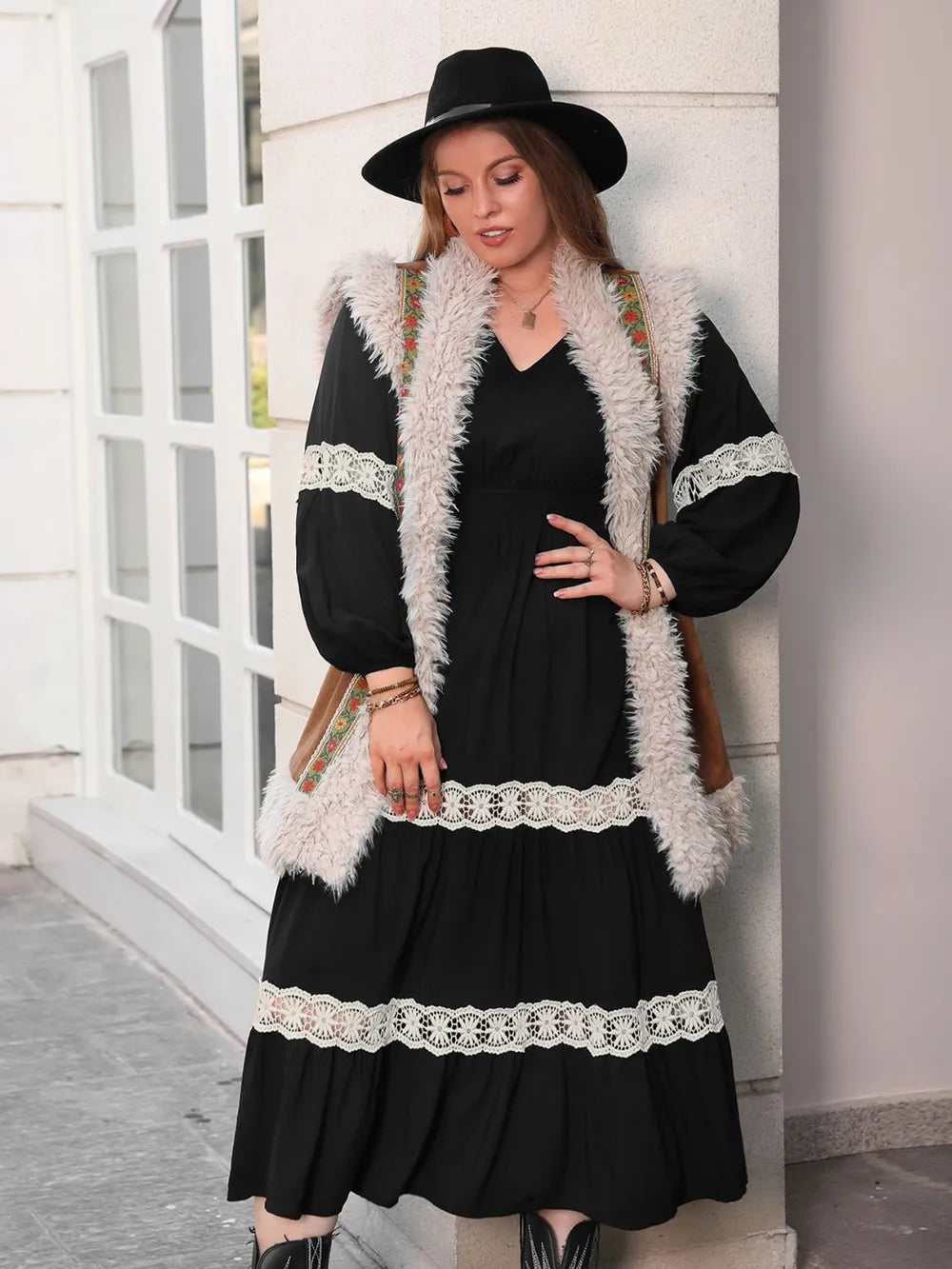 Lace Detail V-Neck Long Sleeve Midi Dress - alternate view 4