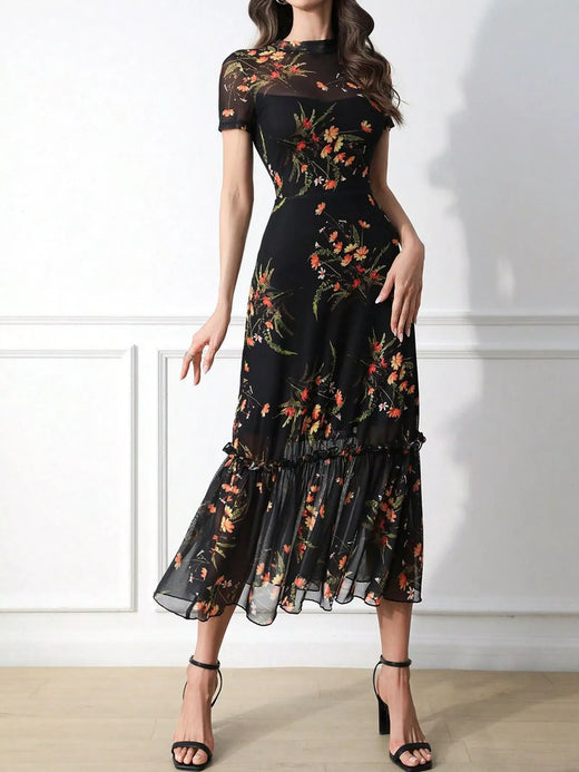 Floral Print Sheer Overlay Midi Dress with Ruffle Hem