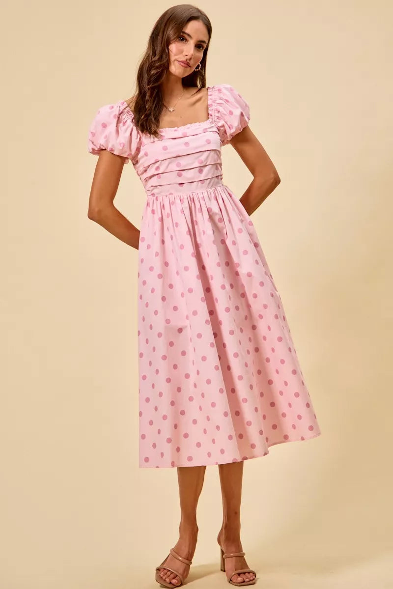 Polka Cotton Print Short Sleeves Midi Dress - alternate view 3