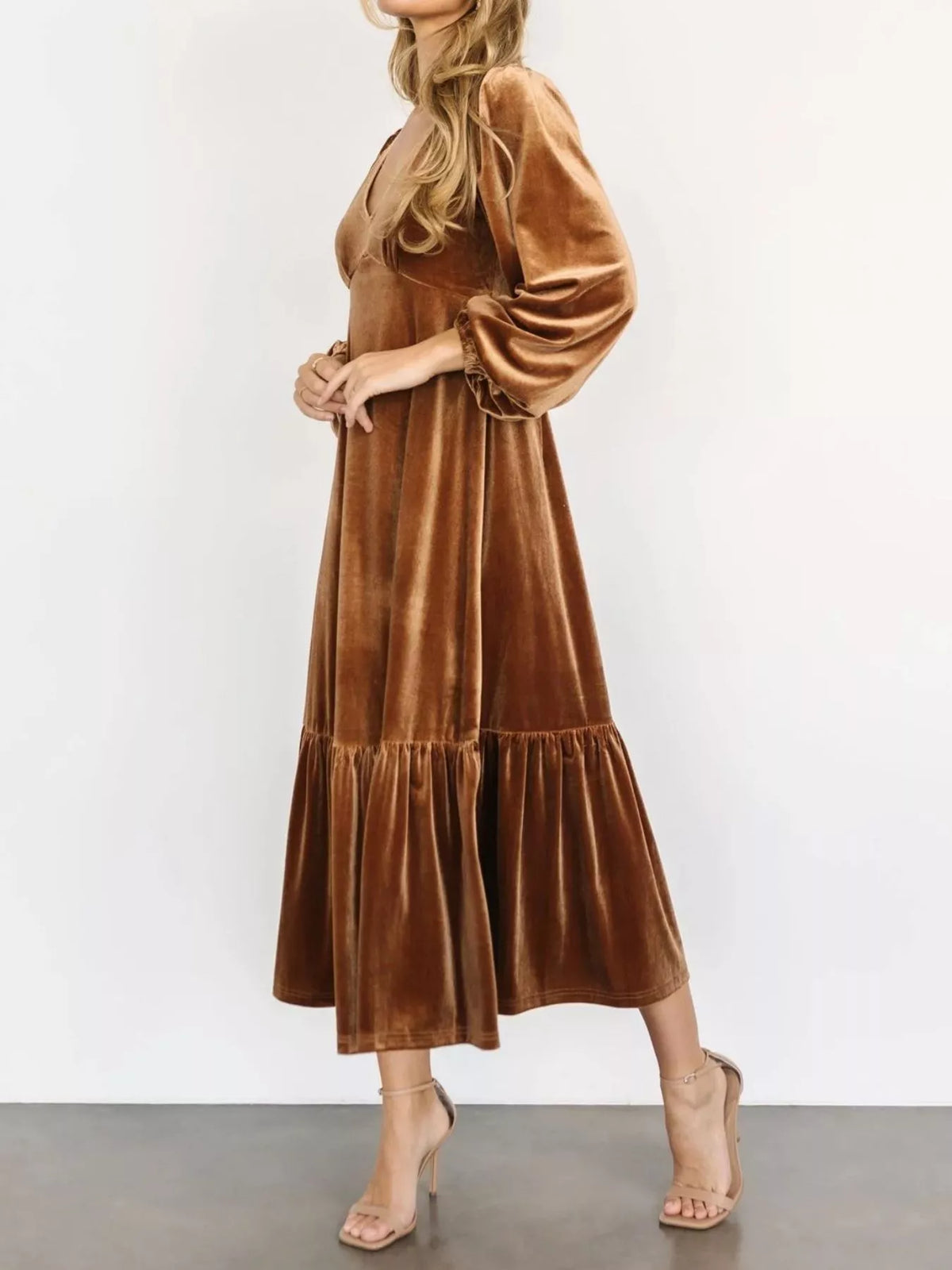 Velvet Tiered Long Sleeve Midi Dress - alternate view 4