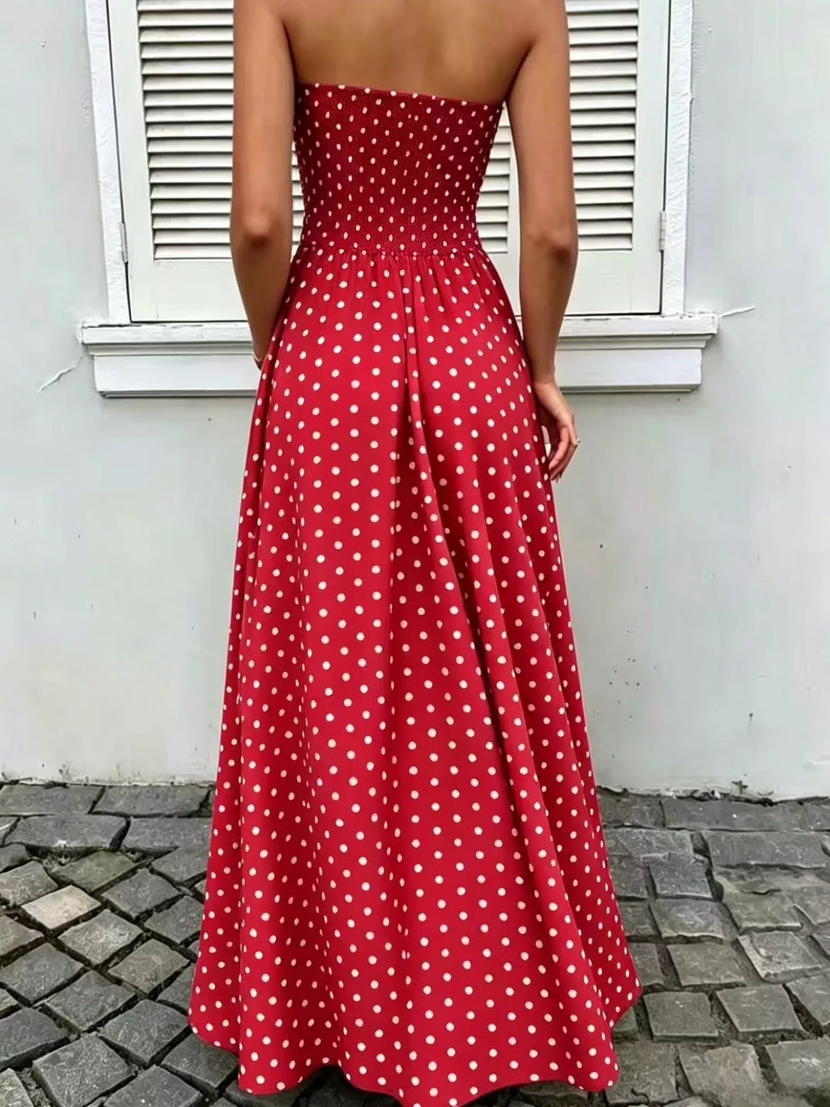 Strapless Polka Dot Ruched Maxi Dress - alternate view 18