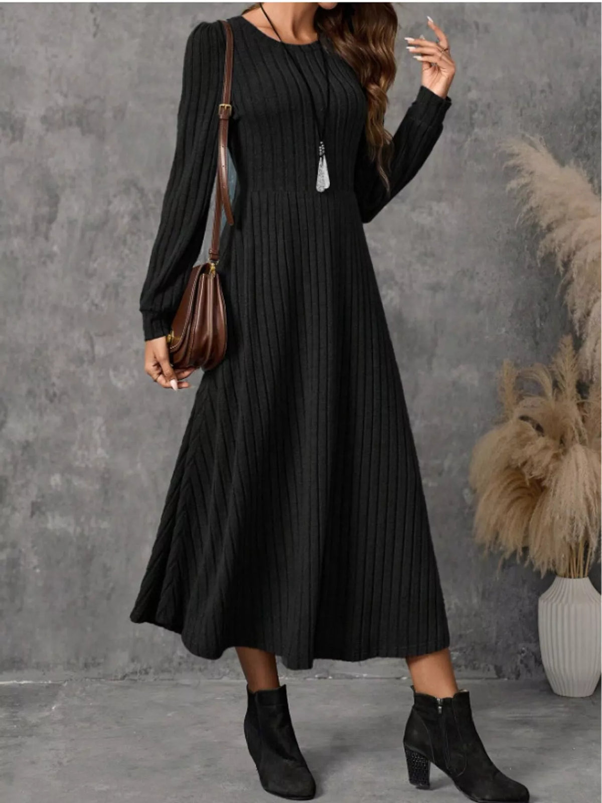 Ribbed Knit Long Sleeve A-Line Midi Dress - alternate view 2