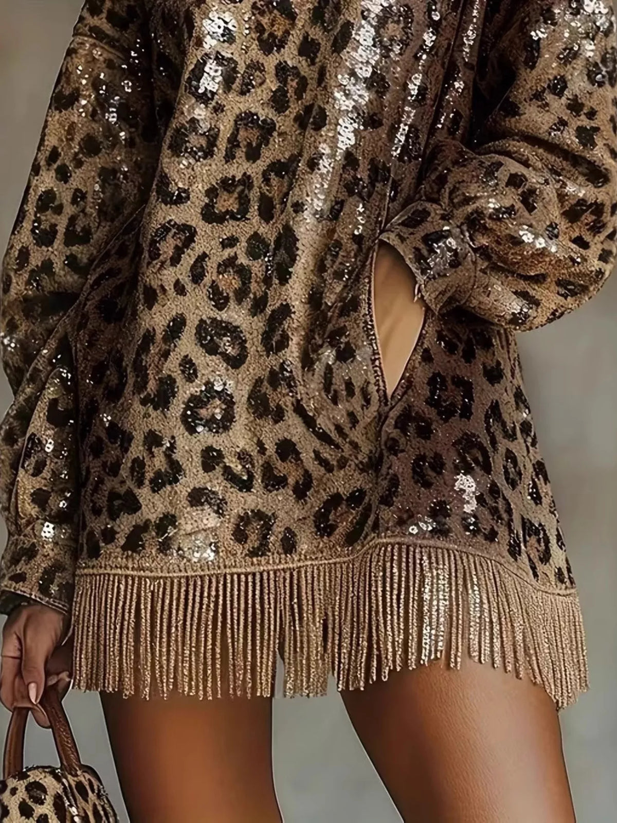 Full Size Leopard Sequin Mock Neck Fringe Hem Long Sleeve Mini Dress Plus Size - alternate view 3