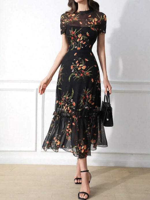 Floral Print Sheer Overlay Midi Dress with Ruffle Hem - alternate view 4
