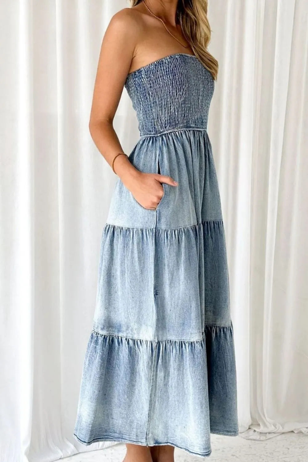Smocked Tube Slit Tiered Denim Sleeveless Dress - alternate view 6
