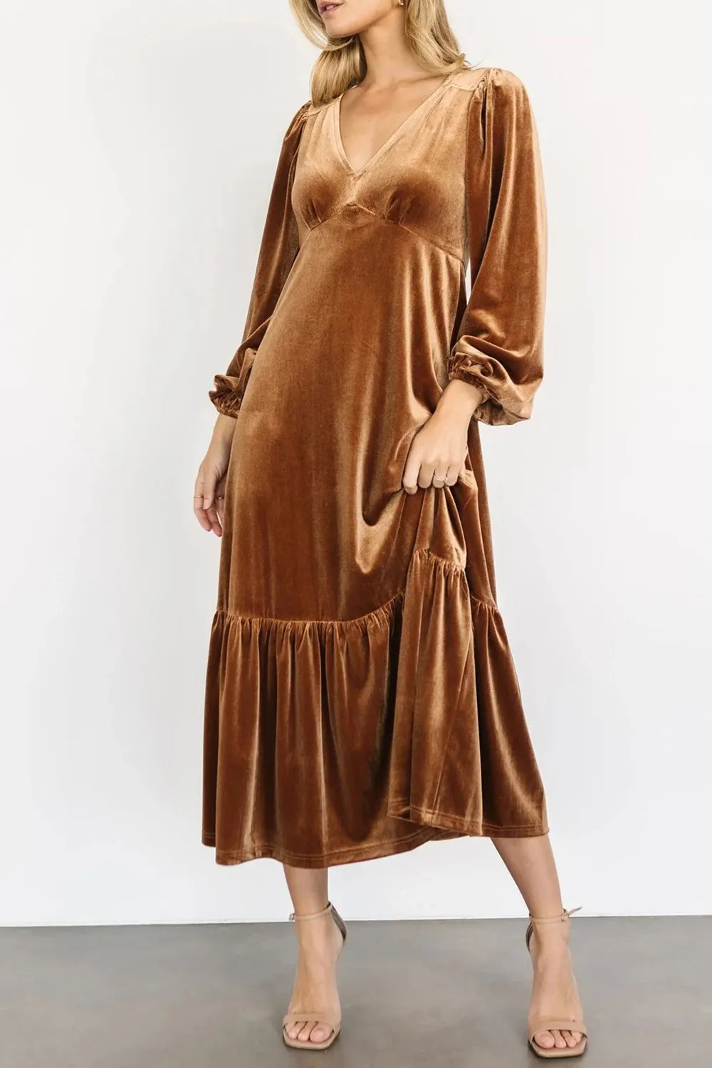 V-Neck Long Sleeve Midi Velvet Dress - alternate view 6