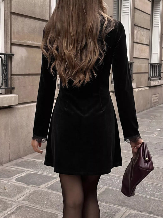Velvet Lace Trim V-Neck Mini Dress - alternate view 5