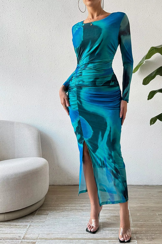 Ruched Tie-Dye Midi Dress with High Slit - alternate view 2