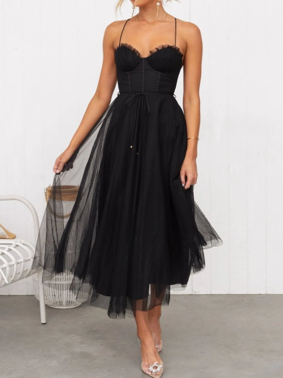 Sweetheart Neck Tulle Midi Dress - alternate view 6