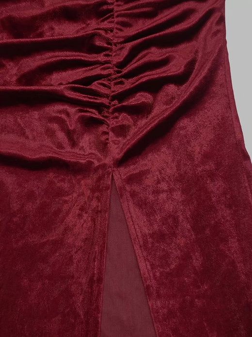 Velvet Mock Neck Ruched Slit Maxi Dress - alternate view 5